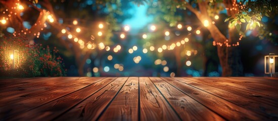 Abstract night lights on a brown wooden floor or terrace at a night festival in a garden, with a blurred background and space for displaying products, all in a vintage color scheme