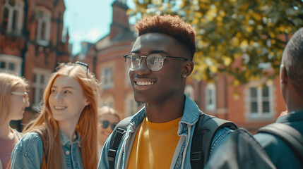 Obraz premium Diverse Group of University Students Engaging in Friendly Conversations with a Defocused Campus Background