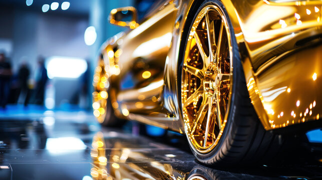 a closeup gold velg of car