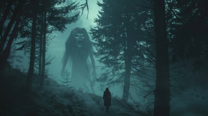 A lone figure walks through a dark and misty forest, facing a looming, shadowy figure.  The scene evokes a sense of fear and mystery.