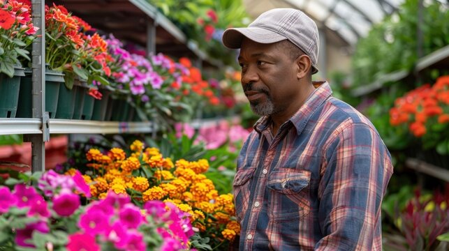 Middle-aged African American man in a cap and plaid shirt, contemplating in a garden center. an African American garden center employee