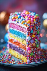 Vibrant slice of a rainbow layer cake adorned with colorful sprinkles, set on a plate, perfect for celebration and dessert inspiration.