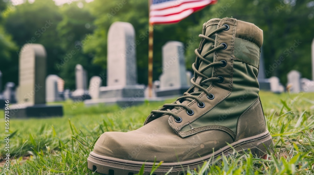 Wall mural a green military boot is on the grass next to a cemetery, 4th july independence day usa concept