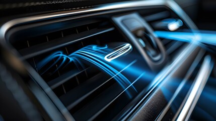 Close up of car air vent releasing refreshing cool blue air stream in a detailed view