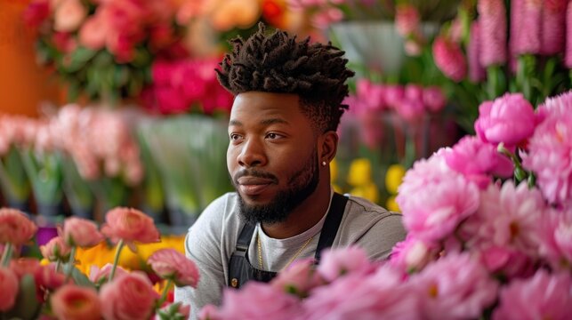 African American man surrounded by pink tulips, contemplating in a flower shop.