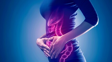 A woman with her hands on her stomach, with a glowing outline of her digestive system.  The photo illustrates the importance of gut health.