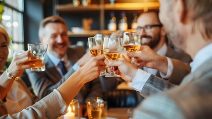 Creative business colleagues raising glasses and making a toast with drinks after work