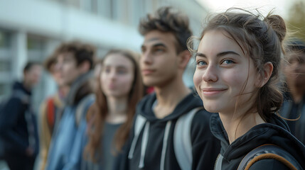 Fototapeta premium Inclusive Group of Friends Enjoying University Life Together, Soft Focus on Background for a Sense of Harmony and Academic Diversity