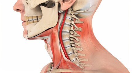 Side view of a human neck, showcasing the anatomy of the spine, muscles, and blood vessels.