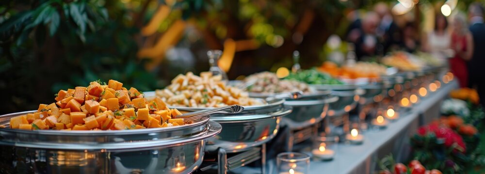 A sophisticated food catering display with assorted dishes and fresh vegetables providing a variety of options