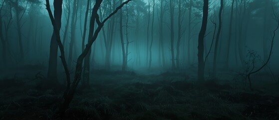 Obraz premium Mysterious and foggy forest with tall trees.