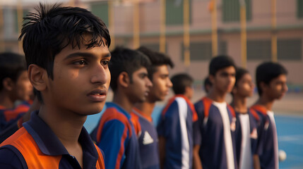 Sportsmen Engaged in Relaxed Team Building Outside Complex, Defocused Sports Facility in Background Emphasizing Team Cohesion and Mental Wellness