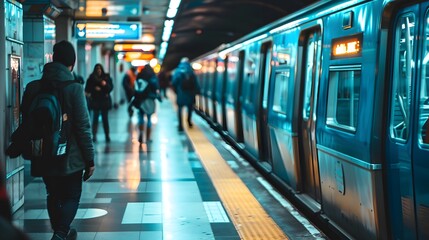 Fototapeta premium A commuter waits for a train at a station, capturing the anticipation and rhythm of daily transit. Generative Ai.
