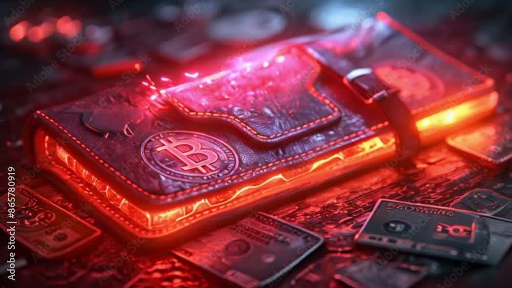 Poster this glowing bitcoin wallet sits on a bed of cash. digital wallet