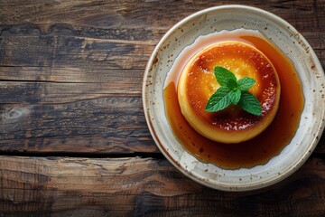 Flan  caramel custard pudding on plate over wooden background with copy space. Top view  flat lay