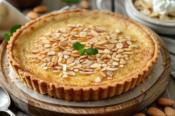 Homemade custard tart with almond flakes
