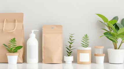 Fototapeta premium Eco-friendly packaging with green plants on a clean white background. Ideal for promoting sustainability, zero waste, and nature-friendly products.