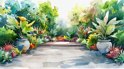 Fototapeta premium Garden plan with watercolor sketches of plant arrangements, garden design, horticulture
