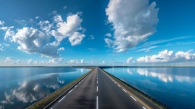 The Majestic Panorama of the IJsselmeer Dam under a Vast Blue Sky