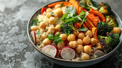 Healthy recipe quinoa bowl with roasted vegetables and chickpeas, plantbased, nutritious