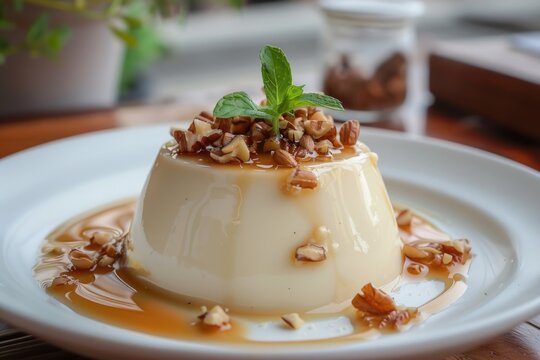 Vanilla panna cotta or jelly custard pudding with cream sauce and chopped nuts on a plate.