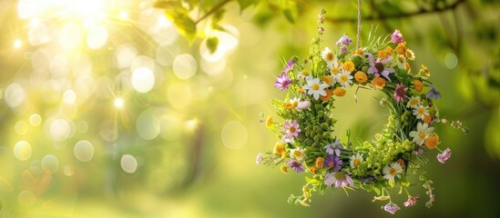 Beautiful wreath made of wild flowers hanging from a tree against a sunny green backdrop,