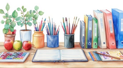 Homework station set up with all necessary supplies, watercolor illustration, productivity, academic focus