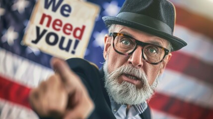 A man pointing at a sign that says We need you behind him
