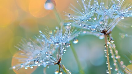 Dew drops on dandelion seed with soft background