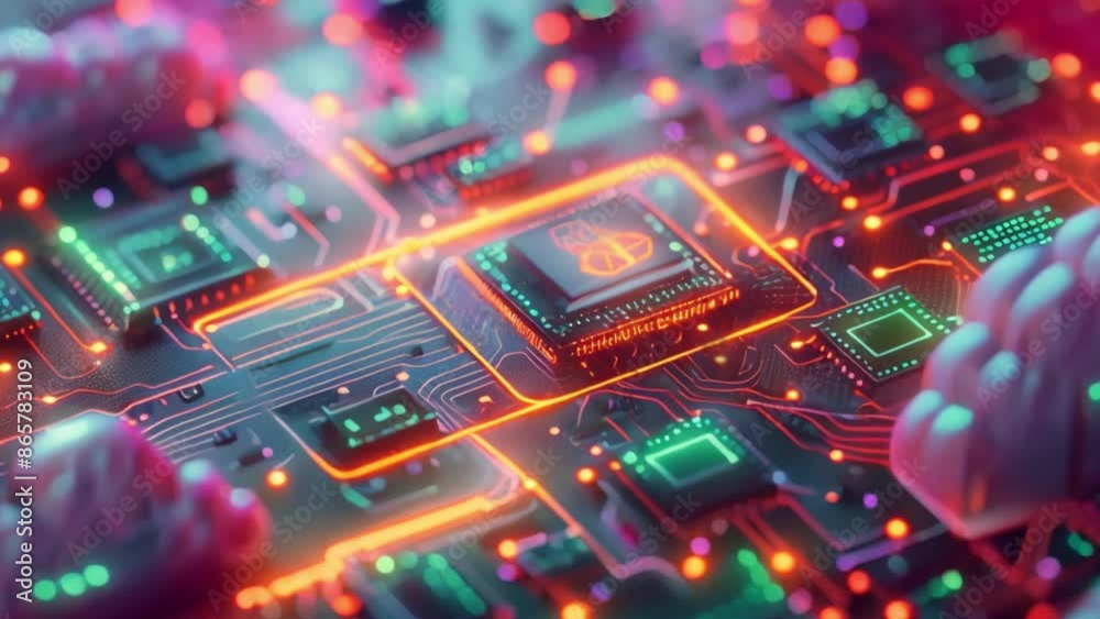 Fototapete A close-up view of a microchip circuit board with glowing orange wires and other electronic components.