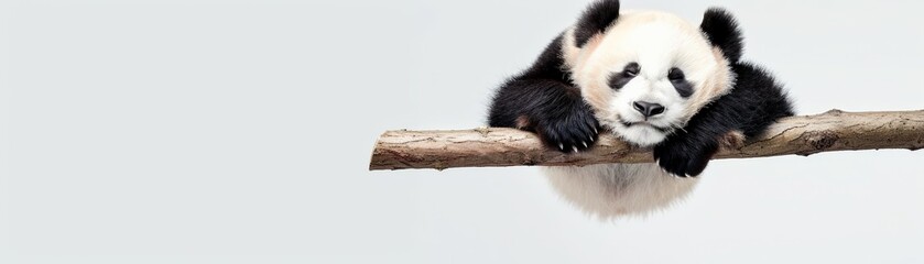 Obraz premium A cute panda bear resting on a tree branch with a minimalistic white background, representing wildlife and nature's serenity.