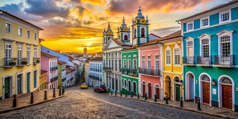 Vibrant colorful colonial architecture in historic Pelourinho district of Salvador, Brazil, showcasing ornate facades, bright tiles, and winding cobblestone streets at sunset.