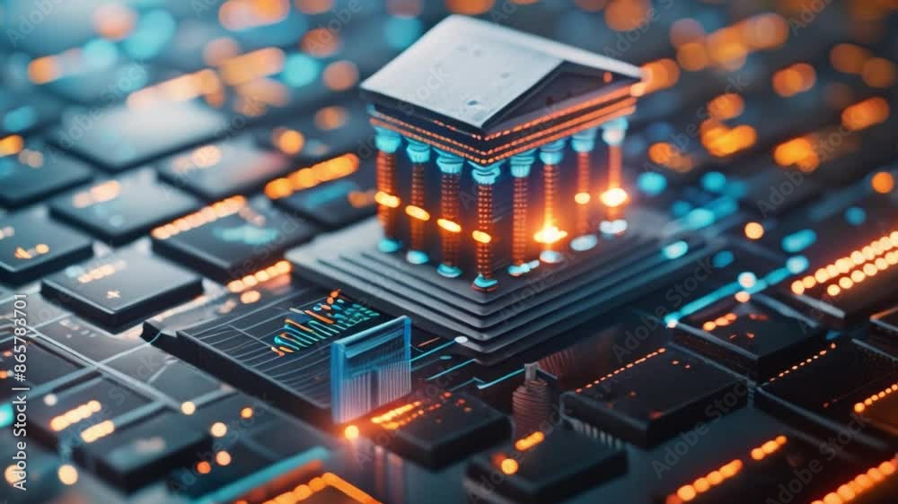Poster This 3D rendered image of a traditional bank building on a circuit board.