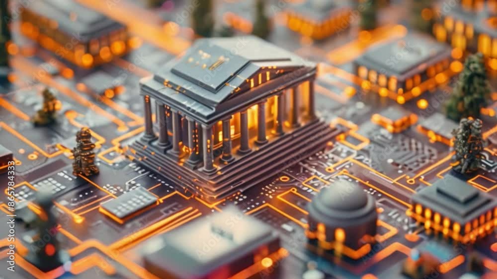 Poster this miniature bank building model on a circuit board representing finance digitization.