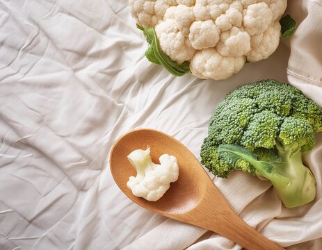 Healthy broccoli vegetables served in tablespoons on a clean and elegant white cloth background.generative ai
