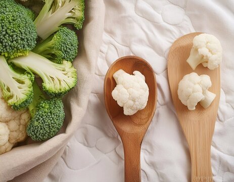 Healthy broccoli vegetables served in tablespoons on a clean and elegant white cloth background.generative ai