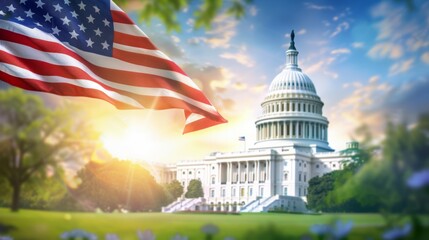 A large American flag is flying over the United States Capitol building, 4th July Independence Day USA concept