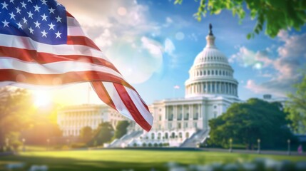 A large American flag is flying in front of the United States Capitol building, 4th July Independence Day USA concept