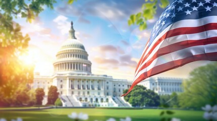 The flag is waving in the breeze, and the sun is shining brightly on the scene, 4th July Independence Day USA concept