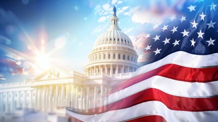 A red, white, and blue American flag with the United States Capitol building in the background