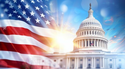 A large white building with a dome and a flag in the background, 4th July Independence Day USA concept