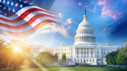 The flag is waving in the wind, and the sun is shining brightly on the building, 4th July Independence Day USA concept