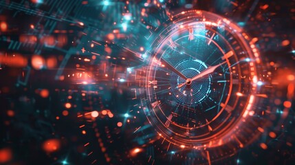 Futuristic clock design with abstract hands in a high-tech environment