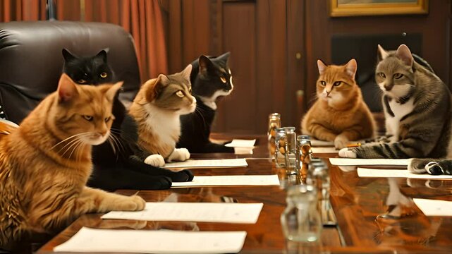 Cats Having a Meeting at Conference Table with Ai generated.
