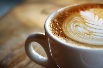 Close-up of a creamy and beautifully designed latte art coffee in a white cup, set on a wooden table in a cozy coffee shop.