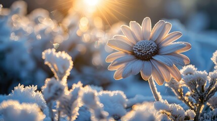 Snowy Winter Flower Photograph in Bright Sunshine