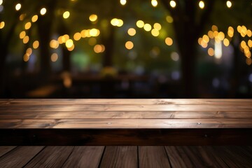 Wooden podium to present products in dark colors and soft lighting from background bulbs. Minimalist and clean design in black and wood. Mockup for branding, packaging