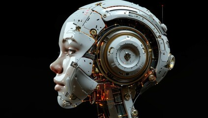 Fototapeta premium Portrait of a cyborg woman, robot head with side view. Concept of technology, science, robotics, artificial intelligence. Copy space for text, message, logo, advertising