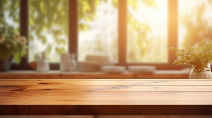 Wooden podium to present products with window and flat background in a kitchen. Mockup for branding, packaging