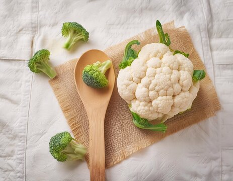 Healthy broccoli vegetables served in tablespoons on a clean and elegant white cloth background.generative ai